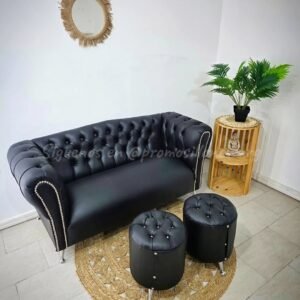 Sillón Chesterfield Negro con Puffs a Juego
